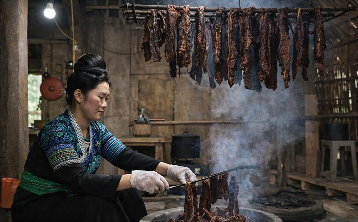 Traditional wood-fired meat smoking inside a rustic Northwest Vietnamese ethnic home