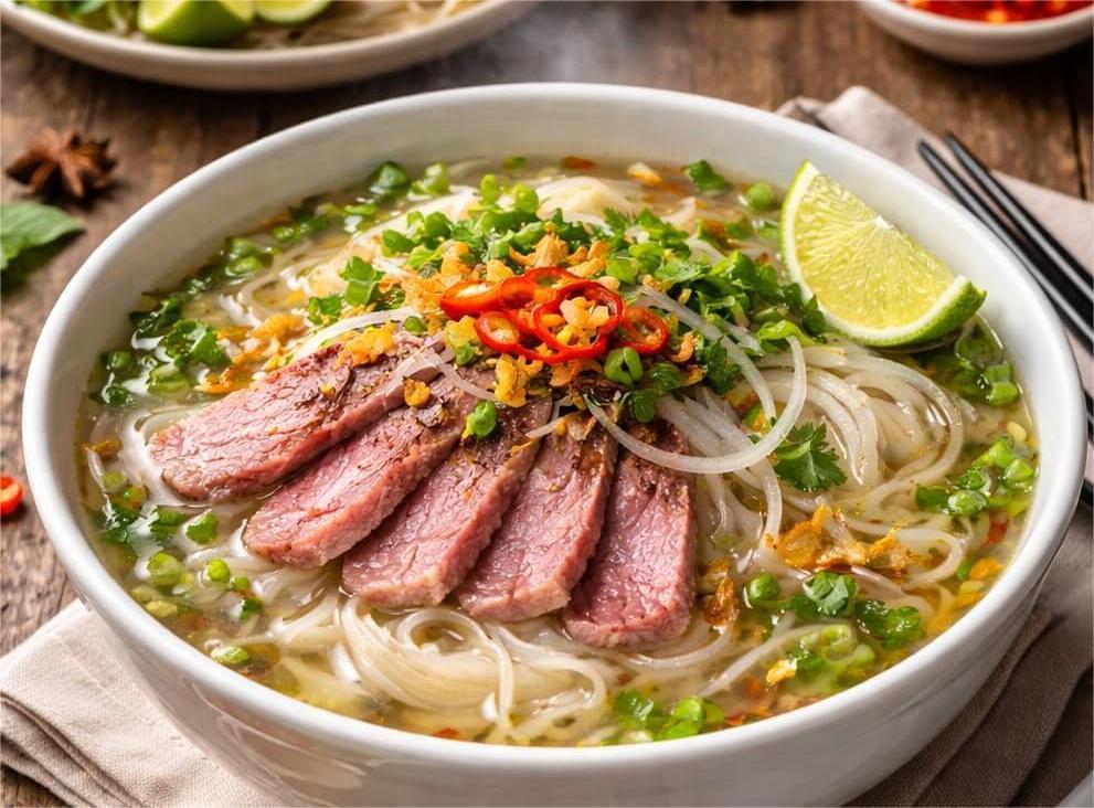 Traditional Hanoi beef Pho with clear aromatic broth.