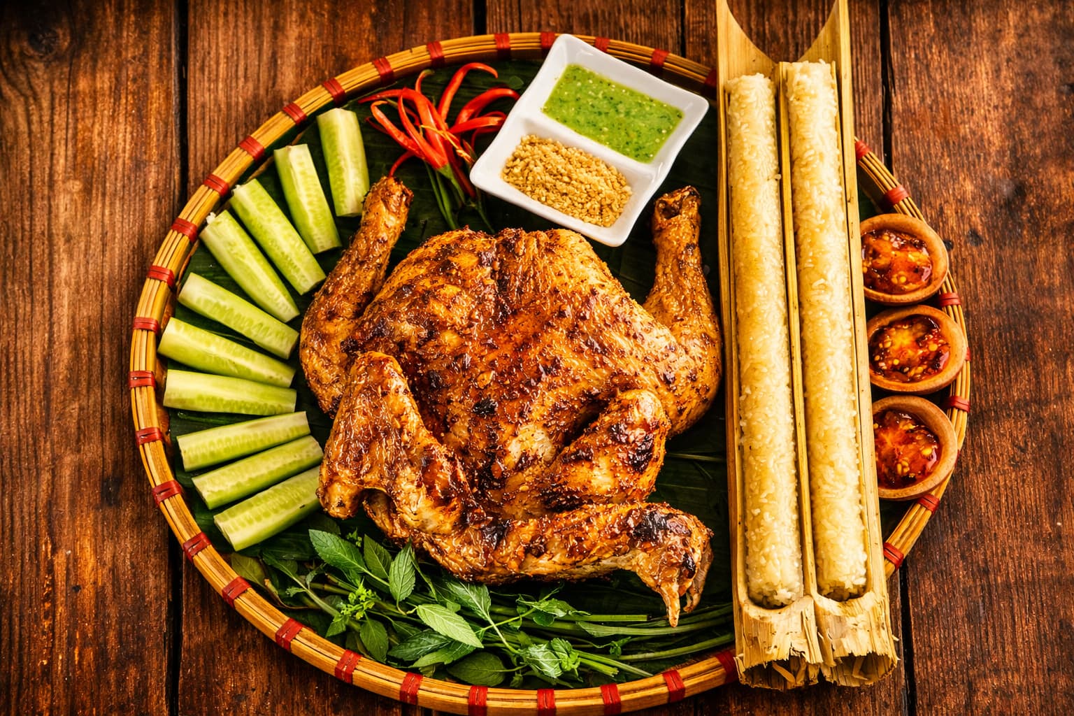 Vietnamese grilled chicken and Com Lam (bamboo-sticky rice) served with cucumber and herbs.